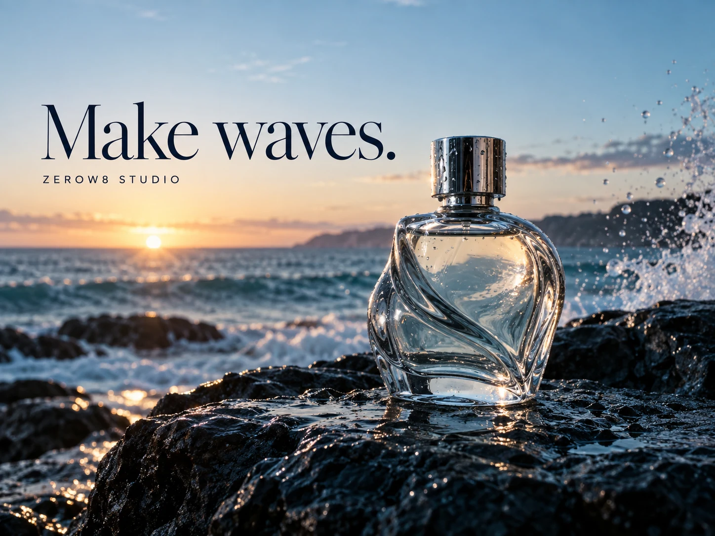 Make waves. ZeroW8 Studio campaign featuring a glass perfume bottle against an ocean sunrise